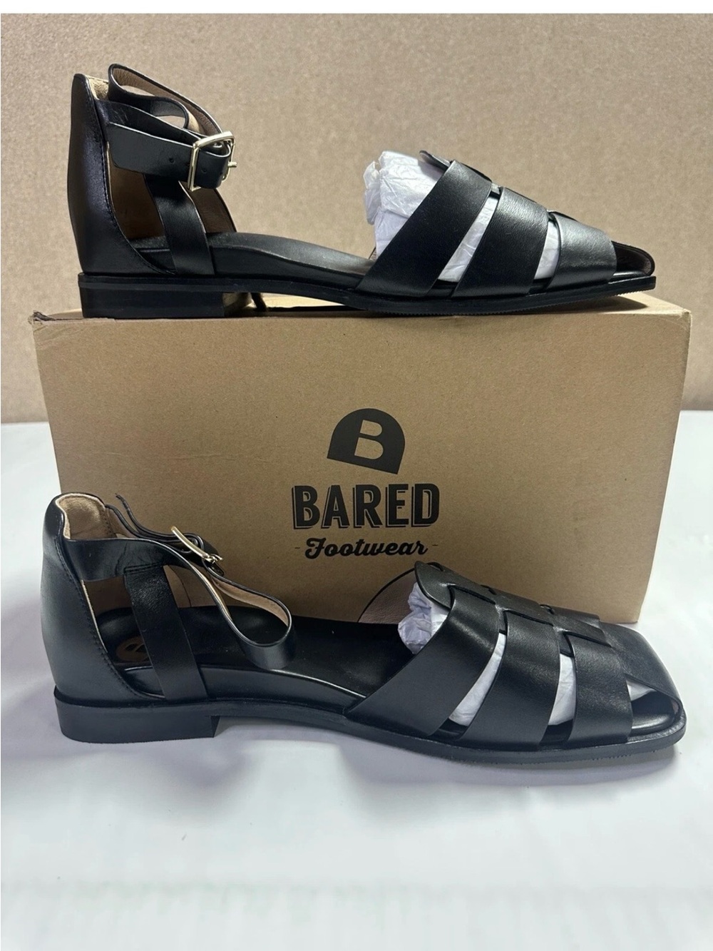 BARED Footwear Black Leather Ankle-Strap Fisherman Sandals Size 43